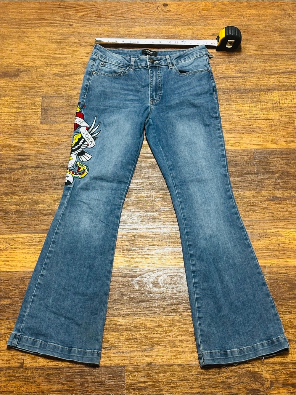 Ed Hardy Flareleg graphic low rise y2k blue jeans